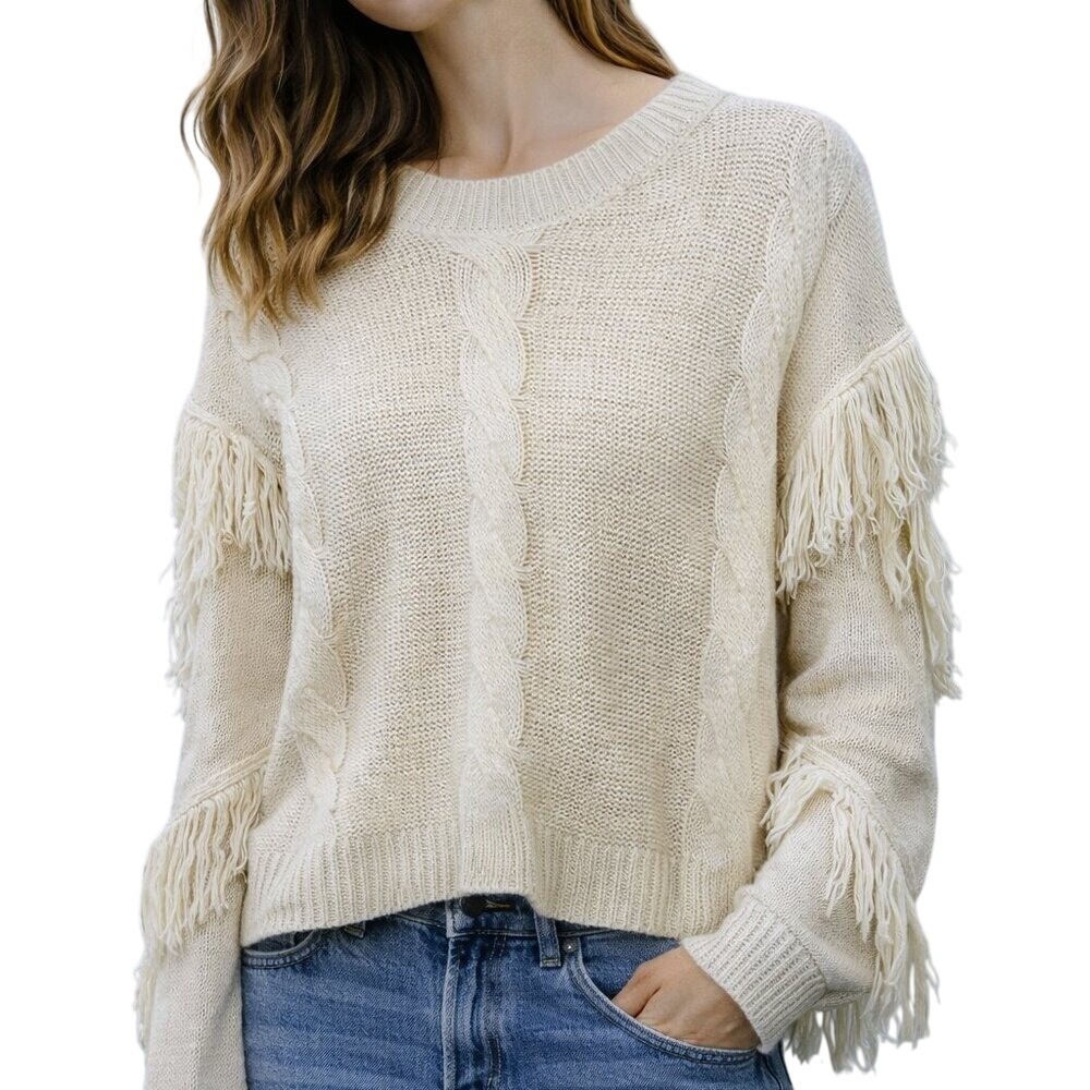 Hudson Grey Fringe Knit Sweater Womens Small Cream Boho‎ Crewneck Pullover